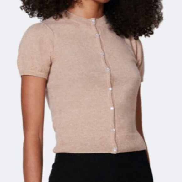 Billie Tan Knit Short Sleeve Merino Wool Cardigan Sweater - Picture 1 of 9